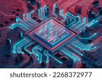 Data flow in a motherboard in pc. Processor among circuits and electronics. CPU