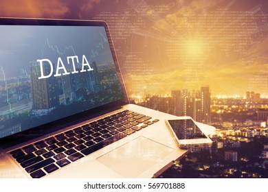 DATA : Grey screen laptop computer. Vintage effects. Digital Business and Technology Concept.