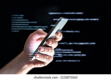 Data hacker or catfish using sms texting. Text message phone fraud or scam. Online chatbot or tech support forum. Secret darkweb conversation. Smartphone identity theft by scammer. - Shutterstock ID 2133073563