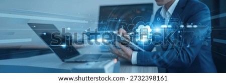 Data hosting, virtual infrastructure Businessman using tab with analysis data of growth to scale global connection, storage solutions, application deployment, resource optimization