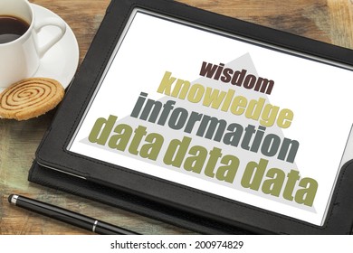 data, information, knowledge and wisdom - DIKW pyramid concept on a digital tablet with a cup of coffee