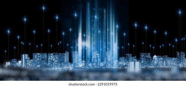 Data, information technology and innovation in a city at night for cyber security or digital networking. Communication, overlay and cloud computing with special effects over a futuristic urban town - Powered by Shutterstock