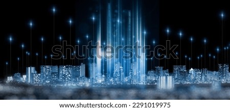 Data, information technology and innovation in a city at night for cyber security or digital networking. Communication, overlay and cloud computing with special effects over a futuristic urban town