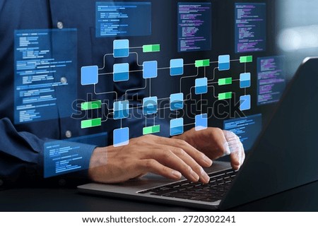 Data infrastructure and data pipeline development. Engineer using laptop computer to design data processing system and data warehouse. Programmer writing code based on specifications.