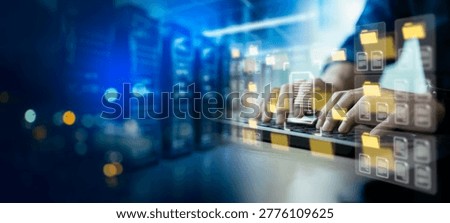 Data infrastructure and data pipeline development. Data integration.Data export and privacy request concept showing document files and folders being downloaded from an account system,Secure server