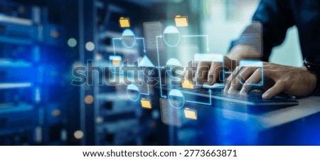 Data infrastructure,workflows,data pipeline development.Data integration.Engineer using laptop computer to design data processing system,workflows in modern digital business systems,data server center