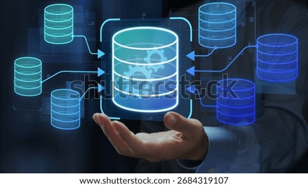 Data integration and ETL process. Data pipeline and data warehouse. Engineer holding database icons.