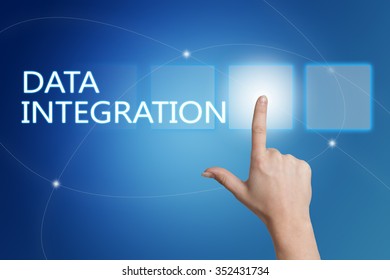 Data Integration - hand pressing button on interface with blue background.