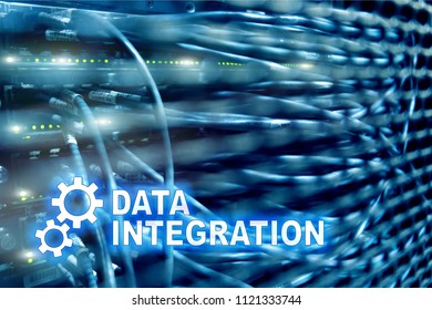 Data integration information technology concept on server room background.