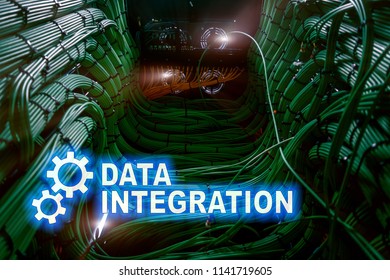Data integration information technology concept on server room background.