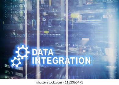 Data integration information technology concept on server room background.