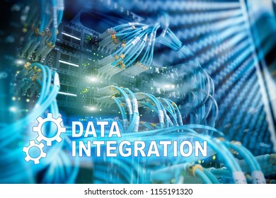 Data integration information technology concept on server room background.