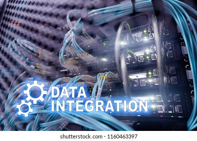 Data integration information technology concept on server room background.