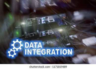 Data integration information technology concept on server room background.