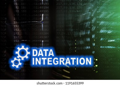 Data integration information technology concept on server room background.
