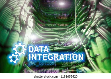 Data integration information technology concept on server room background.