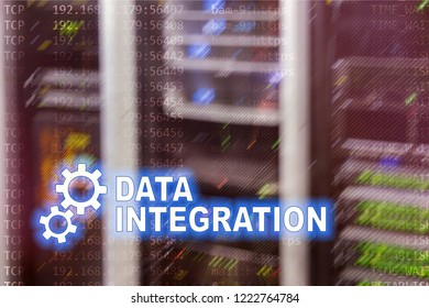 Data integration information technology concept on server room background.