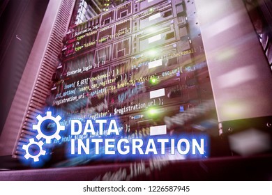 Data integration information technology concept on server room background.