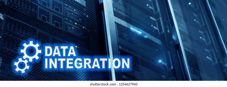 Data integration information technology concept on server room background.