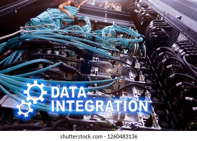 Data integration information technology concept on server room background.