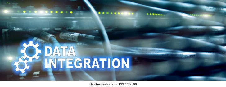 Data integration information technology concept on server room background.