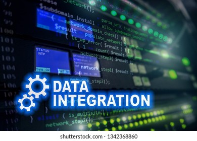 Data integration information technology concept on server room background.