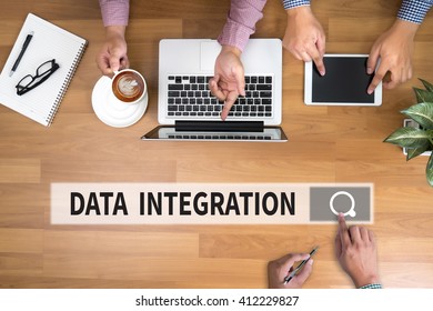 DATA INTEGRATION man touch bar search and Two Businessman working at office desk and using a digital touch screen tablet and use computer, top view