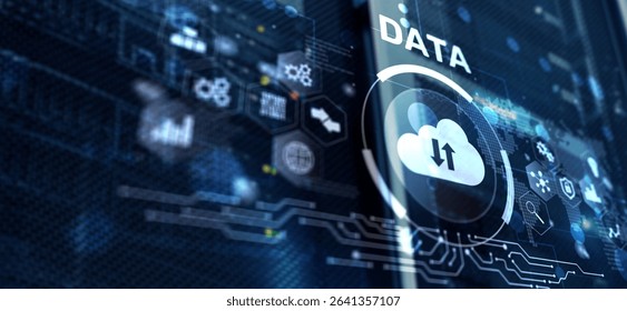 DATA internet concept. Universal background for presentation. Blurred server room background.