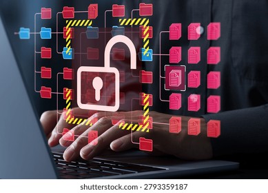 Data leak and information breach. Unauthorized access leading to disclosure of sensitive and confidential information. Hacker exploit security vulnerabilities using laptop computer.