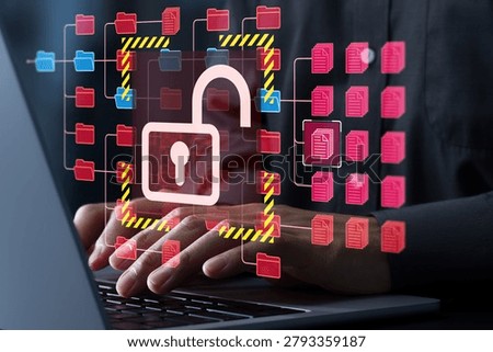 Data leak and information breach. Unauthorized access leading to disclosure of sensitive and confidential information. Hacker exploit security vulnerabilities using laptop computer.