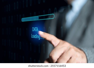 Data loading bar with hand. businessman loading progress bar interface, depicting data processing or software installation, application and waiting to loading.  - Powered by Shutterstock