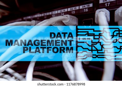 Data management and analysis platform concept on server room background.
