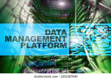 Data management and analysis platform concept on server room background.