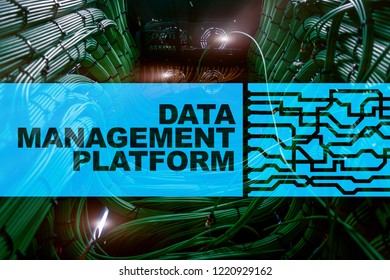 Data management and analysis platform concept on server room background.