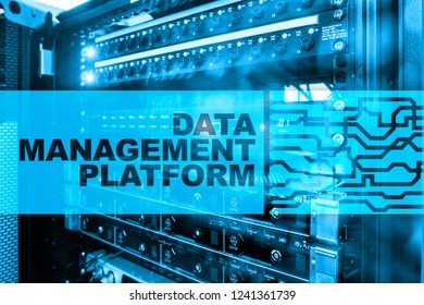 Data management and analysis platform concept on server room background.