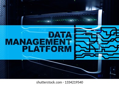 Data management and analysis platform concept on server room background.