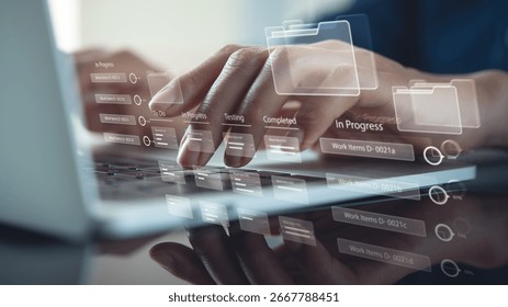 Data management, Business developer using Kanban board framework on laptop computer. Agile software development, document, database management concept. Business and technology background