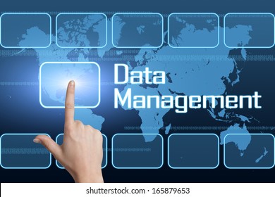 Data Management concept with interface and world map on blue background