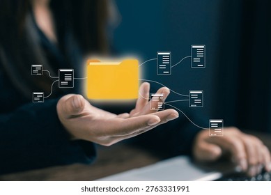 Data management concept with virtual folder and document connections, cloud storage, file organization, database system, information flow, digital business workflow and data structure