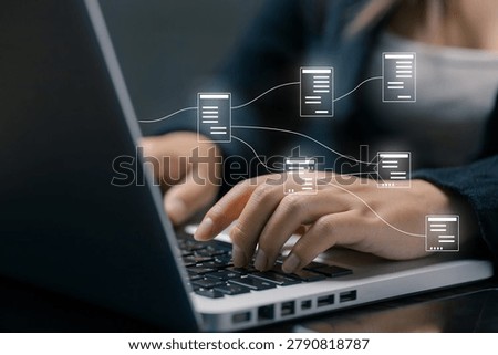 Data management and digital database network concept with connected documents, information flow, cloud technology, business integration, secure records, and workflow automation.