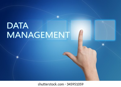 Data Management - hand pressing button on interface with blue background.