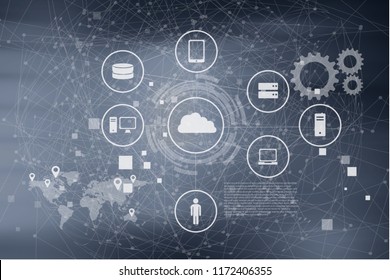 Data Management Platform (DMP) Concept. Business Man Suit Point Finger To Infographic Of Texts And Omni Channel Technology Icons With Globe Connect And Blue Building. Marketing And Crm Concept.