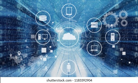 Data Management Platform (DMP) Concept. Business Man Suit Point Finger To Infographic Of Texts And Omni Channel Technology Icons With Globe Connect And Blue Building. Marketing And Crm Concept.