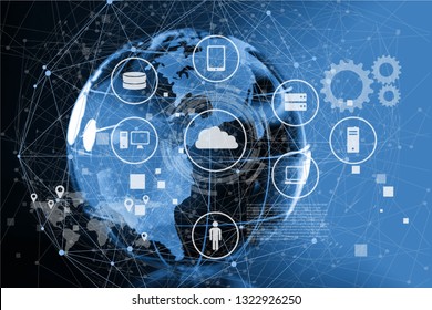 Data Management Platform (DMP) Concept. Business Man Suit Point Finger To Infographic Of Texts And Omni Channel Technology Icons With Globe Connect And Blue Building. Marketing And Crm Concept.