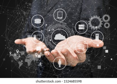 Data Management Platform (DMP) Concept. Business Man Suit Point Finger To Infographic Of Texts And Omni Channel Technology Icons