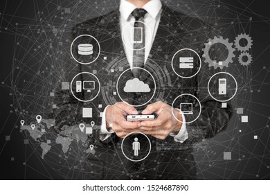 Data Management Platform (DMP) Concept. Business Man Suit Point Finger To Infographic Of Texts And Omni Channel Technology Icons