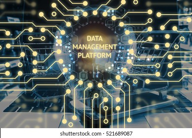 Data Management Platform (DMP),Marketing And Crm Concept. Light Bulb And Electric Circuits Graphic Background With Infographic , Texts.