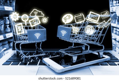 Data Management Platform Marketing Crm And Smart Retail Concept. Infographic With Two Shopping Carts On Smart Phone Laptop In Retail Shop Background