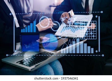 Data Management System With Business Analytics Concept. Business Team Hands Working With Provide Information For Key Performance Indicators And Marketing Analysis Onn Virtual Computer
