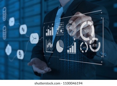 Data Management System (DMS) With Business Analytics Concept. Businessman Working With Provide Information For Key Performance Indicators (KPI) And Marketing Analysis Onn Virtual Computer